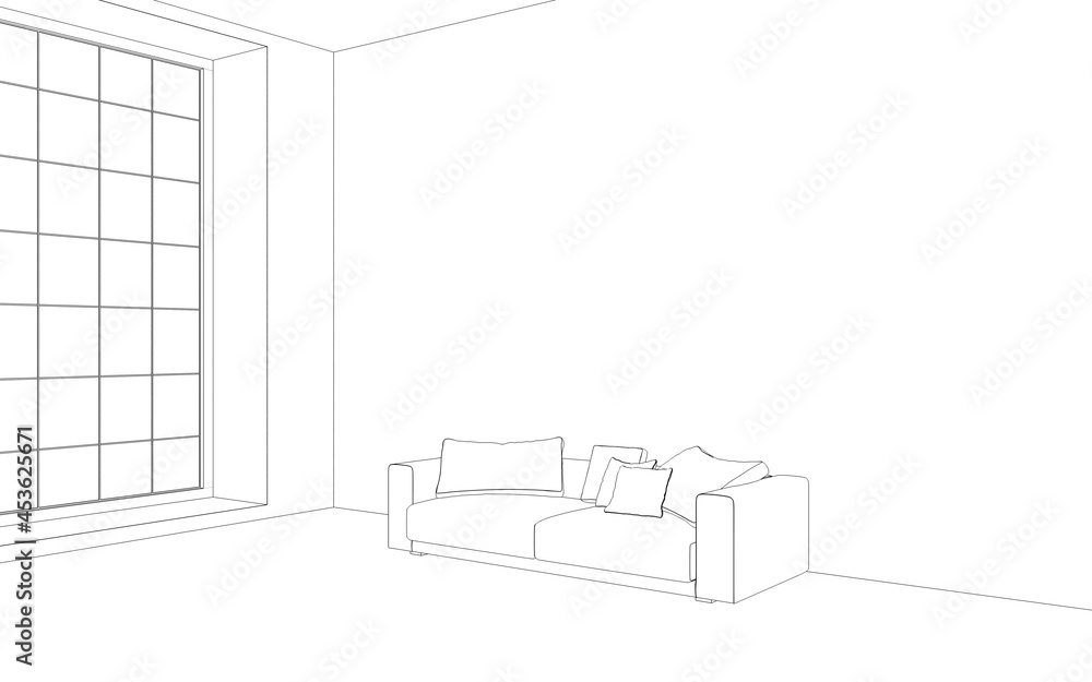 Fototapeta premium Comfortable sofa with pillows in the interior of a spacious living room. outline illustration, 3d sketch