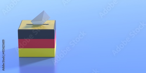 Germany election 2021, Envelope on ballot box slot, vote to elect the members of the Bundestag. German national flag voting container on blue color background. 3d illustration photo