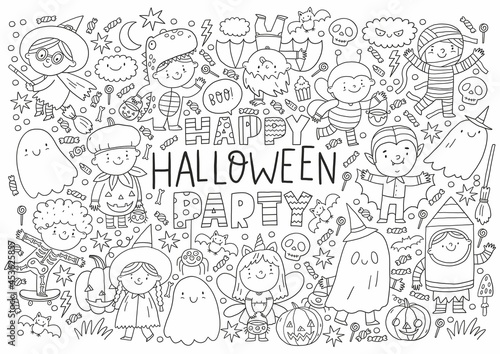 Trick or Treat coloring page. Halloween coloring page for kids. Cartoon children in Halloween costumes. Cute children, witch, dracula, pumpkin, bat, zombie, mummy, cat