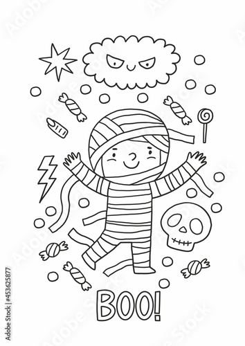 Trick or Treat coloring page. Halloween coloring page for kids. Cartoon children in Halloween costumes. Cute children, witch, dracula, pumpkin, bat, zombie, mummy, cat