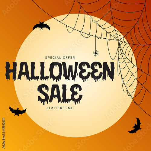Happy Halloween, Shop Now poster Template on orange Background with bat and s...