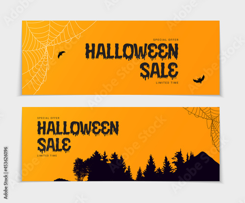 Happy Halloween, Shop Now poster Template on orange Background with bat and s...