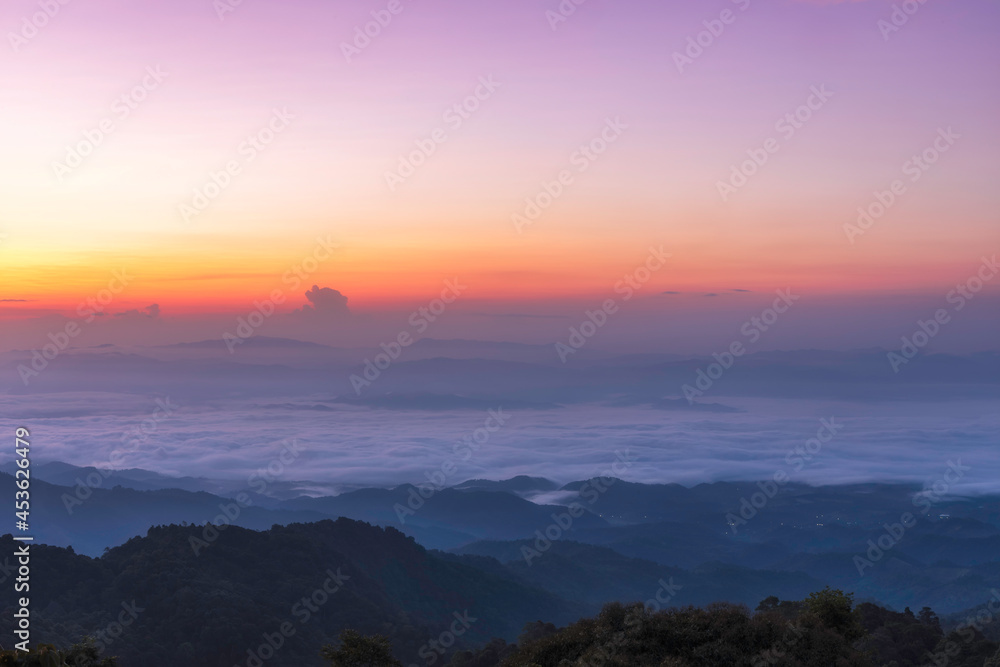 Beautiful sunshine at misty morning mountains at north thailand


