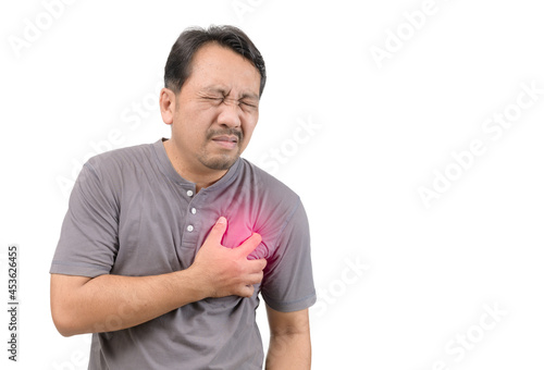 Heart attack, man with chest pain isolated on white background photo