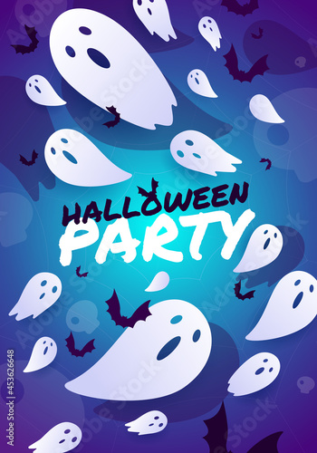Scary halloween poster. Illustration with flying ghosts and bats on a bright background with halloween party text. Template for website, mailing or advertisement.