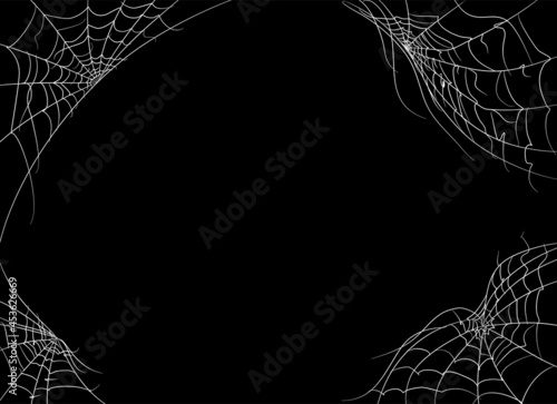 Spider web banner. Scary spiderweb in the corner. Isolated illustration. Halloween template decoration for banners and photos. Spooky and scary frame pattern.