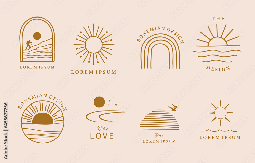 Collection of line design with sun,sea,wave.Editable vector illustration for website, sticker, tattoo,icon - obrazy, fototapety, plakaty 