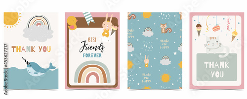 Collection of kid postcard set with bear, rainbow, sun.Editable vector illustration for website, invitation,postcard and sticker