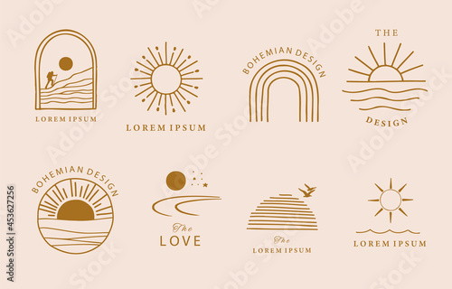 Collection of line design with sun,sea,wave.Editable vector illustration for website, sticker, tattoo,icon