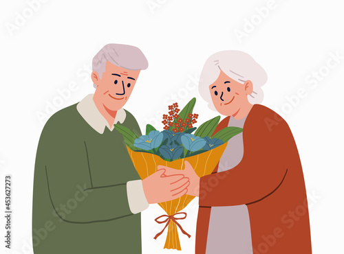 Elderly couple with a bouquet of flowers. Vector illustration in cartoon flat style