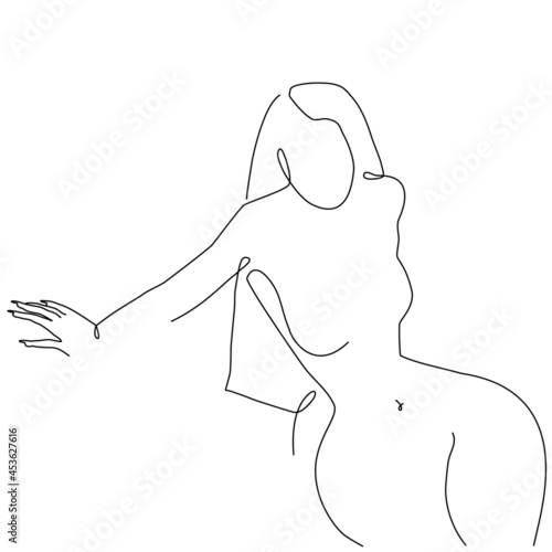 Vector one line art illustration of a silhouette of a woman with long hair on white background, Lineart girl