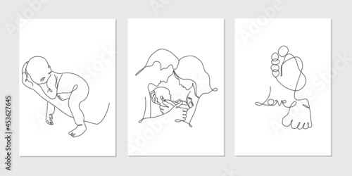 Vector set of cards in one line art style with family portret, perents with new born baby, mother, father and baby, line art illustration