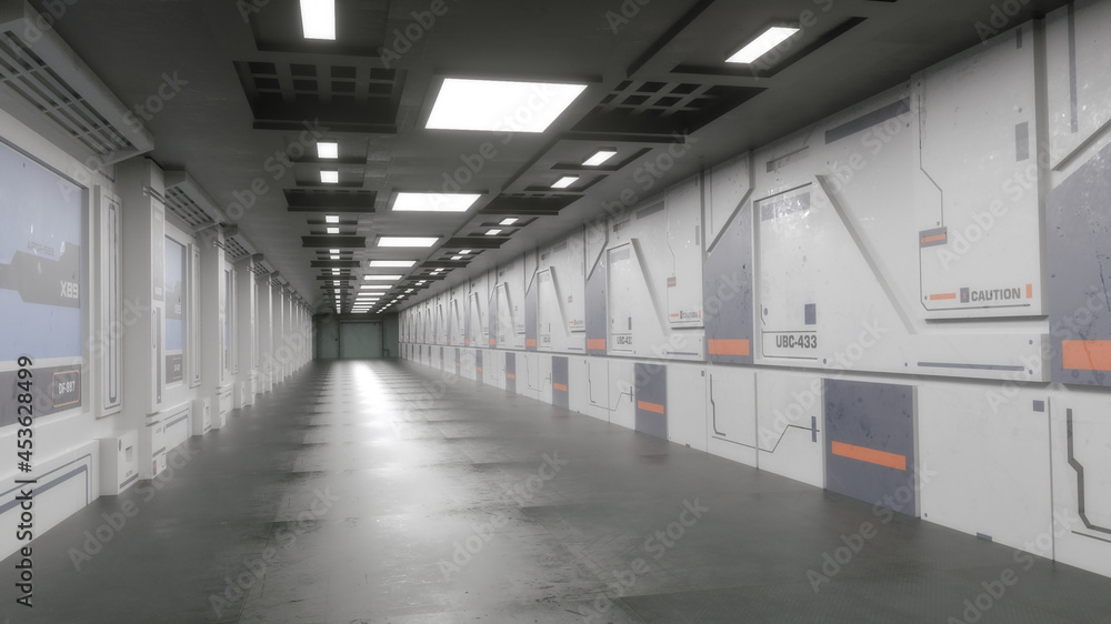 3d render. Futuristic spaceship corridor interior design 3d render. Futuristic spaceship corridor interior design