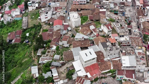 Aerial view Guatemala slums. Houses made of tin in a shabby criminal district, streets and houses.