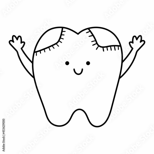 Black and white kawaii tooth with filling and hands up. Vector teeth line icon. Funny dental care picture for kids. Dentist baby clinic clipart or coloring page with mouth hygiene concept.