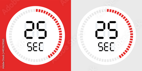 25 second timer clock. Stopwatch icon countdown time digital chronometer