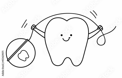 black and white kawaii tooth holding floss. Vector teeth line icon. Funny dental care picture for kids. Dentist baby clinic clipart or coloring page with mouth hygiene concept.