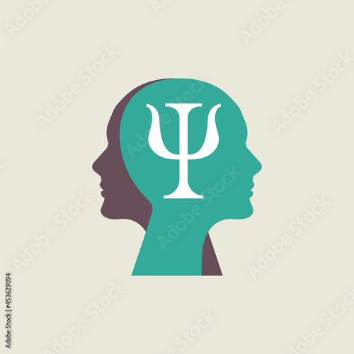 Letter psi and two profiles. Psychology logo. Psychologist icon