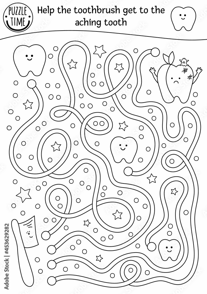 Black and white dental care maze for children. Preschool outline medical  activity. Funny game or coloring page with cute toothbrush and ill teeth.  Help the brush get to the aching tooth. Stock