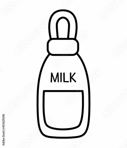 Vector black and white milk bottle with nipple. Baby food line icon. Child nutrition outline concept