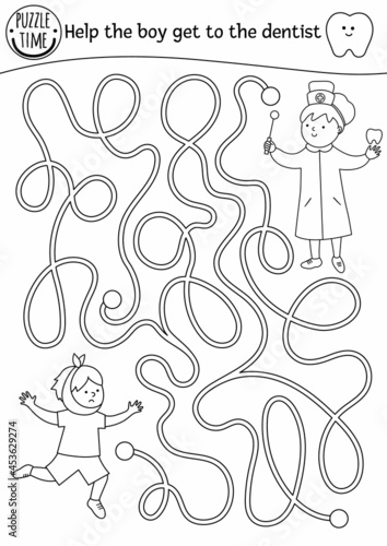 Black and white Dental care maze for children. Preschool outline medical activity. Funny game or coloring page with cute doctor and child with aching tooth. Help the boy get to dentist.