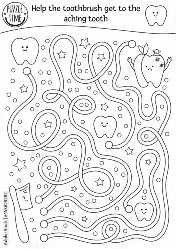 Black and white dental care maze for children. Preschool outline medical activity. Funny game or coloring page with cute toothbrush and ill teeth. Help the brush get to the aching tooth.