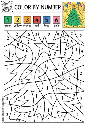 Vector Christmas color by number activity with fir tree, star, colored flags. Winter holiday counting game. Funny New Year coloring page for kids. .