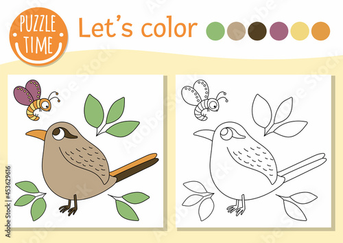 Woodland coloring page for children with bird, insect, leaves. Vector forest outline illustration with cute wren. Adorable nature color book for kids with colored example. Drawing skill worksheet.