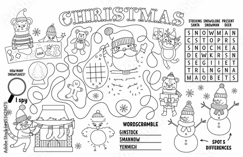 Vector Christmas placemat for kids. Winter holiday printable activity mat with maze, tic tac toe charts, connect the dots, find difference. Black and white New Year play mat or coloring page.