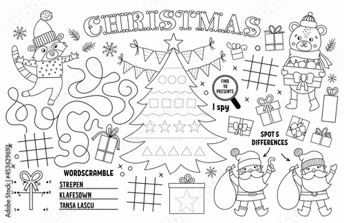 Vector Christmas placemat for kids. Winter holiday printable activity mat with maze, tic tac toe charts, connect the dots, find difference. Black and white New Year play mat or coloring page