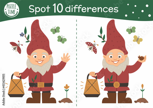 Spring find differences game for children. Garden preschool activity with gnome, baby plants and insects. Attention skills puzzle with cute funny dwarf..