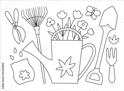Vector black and white illustration of colorful garden tools with flowers and plants. Outline spring picture. Line watering can with flowers, rakes, seeds, butterfly. Gardening themed concept