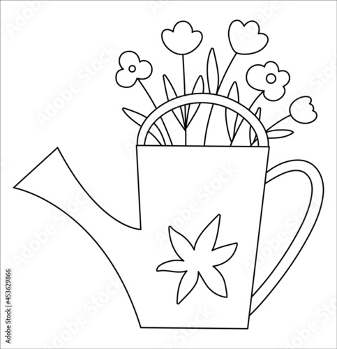 Vector black and white watering can with flowers. Outline spring picture. Line pot with flowers, rakes, plants icon. Gardening themed concept..
