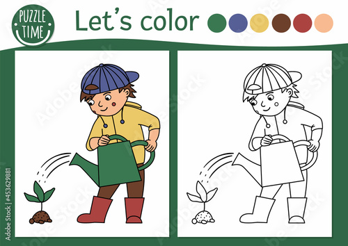 Garden coloring page for children with boy watering baby plant. Vector spring outline illustration. Adorable nature color book for kids with colored example. Drawing skill printable worksheet.