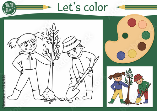 Garden coloring page for children with boy and girl planting a tree. Vector spring outline illustration. Adorable nature color book for kids with colored example. Drawing skill printable worksheet.