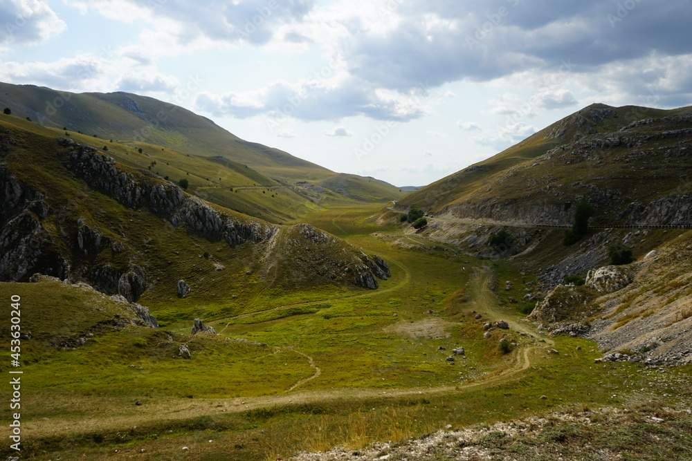 Gorge view in Campo Imperatore on a summer day, Abruzzo, Gran Sasso National Park, Italy