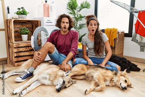 Photography Young hispanic couple doing laundry with dogs in shock face, looking skeptical a