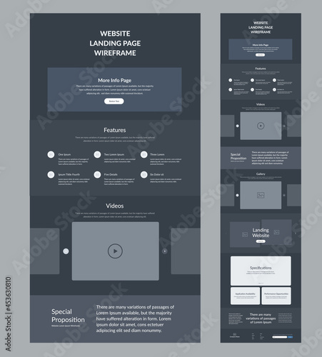 Website template design for business. Dark landing page site wireframe. Modern and responsive layout interface design.