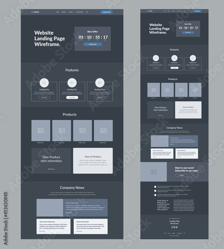 Website template design for business. Dark landing page site wireframe. Modern and responsive layout interface design.