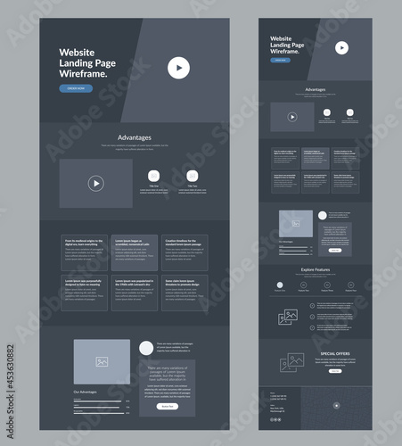 Website template design for business. Dark landing page site wireframe. Modern and responsive layout interface design.