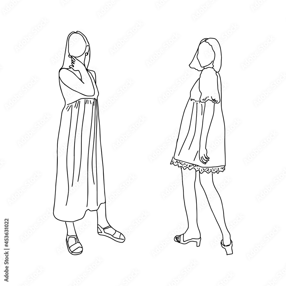 Drawn by a thin line young girls. For registration of an account of a stylist, clothing store, clothing design. Vector illustration. Drawn by a thin line young girls. For registration of an account of a stylist, clothing store, clothing design. Vector illustration.