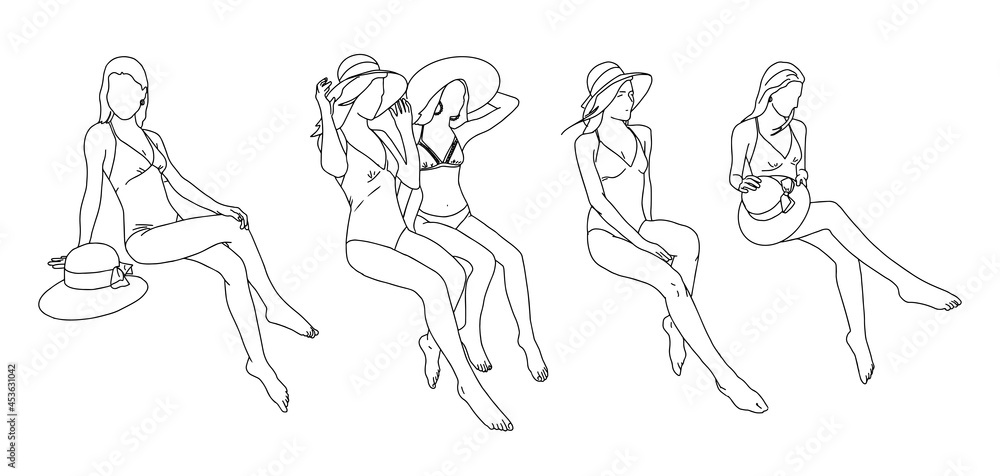 A group of girls in swimsuits for a magazine .Vector illustration.