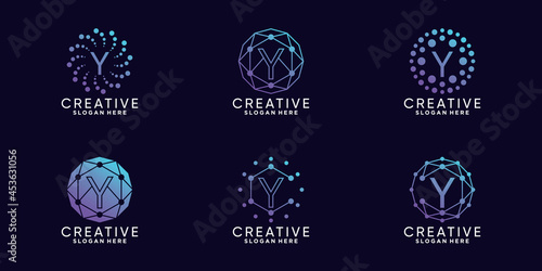 Set bundle monogram logo design technology initial letter y with unique line art and dot style Premium Vector