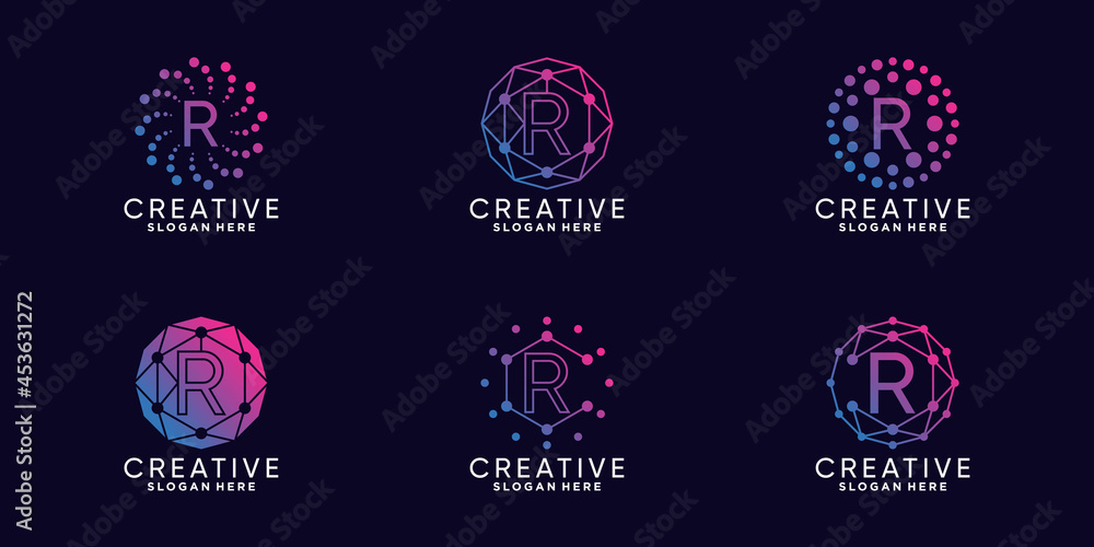 Set bundle monogram logo design technology initial letter r with unique ...