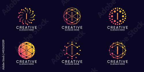 Set bundle monogram logo design technology initial letter i with unique line art and dot style Premium Vector
