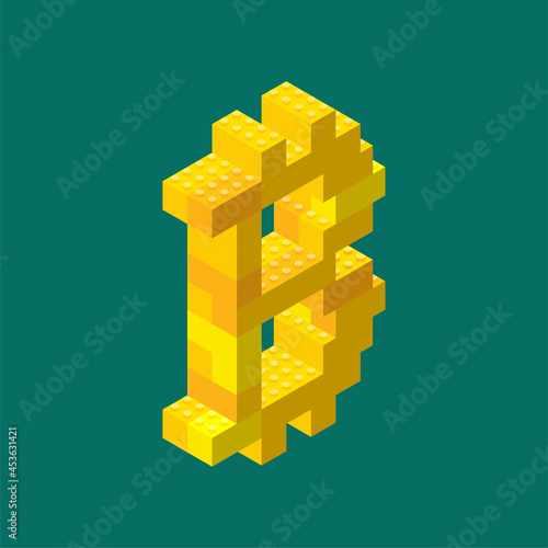 Isometric bitcoin sign assembled from plastic blocks. Vector illustration.