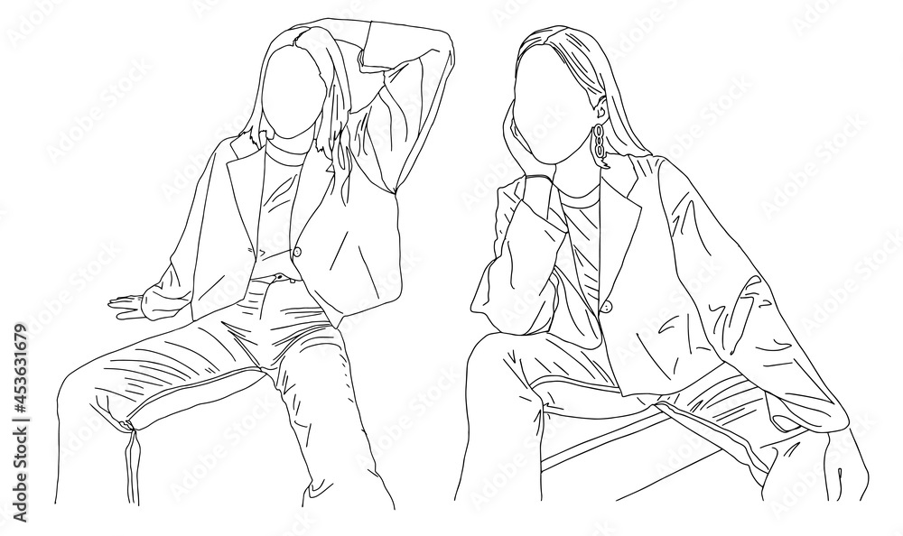 Two girls posing while sitting. Linear style. Vector illustration.