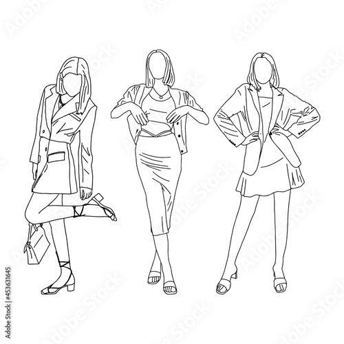 Three girls posing beautifully. Linear style. Vector illustration.