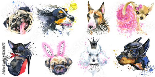 Dogs Collection. watercolor illustration of a different dog breeds Isolated on white.
