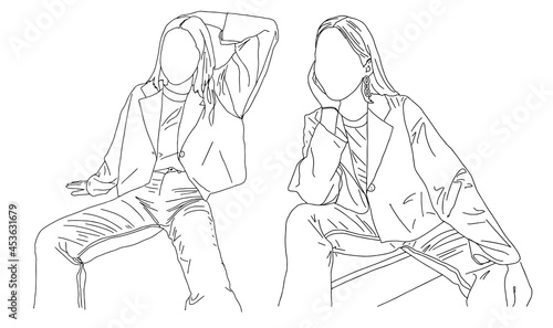Two girls posing while sitting. Linear style. Vector illustration.